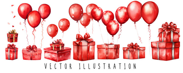 Watercolor painted collection of red gift boxes and baloon. Hand drawn holiday design elements isolated on white background.