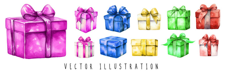 Watercolor painting gift box with bow. Vector illustration