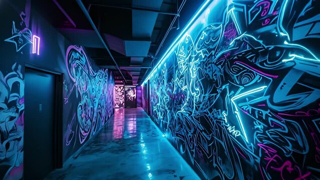 A graffiticovered wall transformed into an eyecatching mural with the addition of neon lettering and designs.