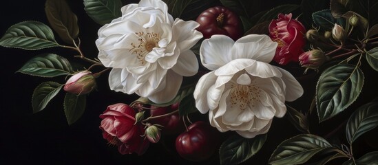A captivating artwork depicting a stunning composition of white and red flowers against a striking black backdrop, showcasing the beauty of flowering plants from the Rose family.