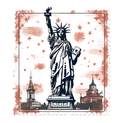 Stamp of Statue of Liberty With Monochrome Copper Color Statue Silhou Transparent PNG City Concept Art Tshirt Design Illustration Label Diverse City Castle Large Urban Market Project Collage 