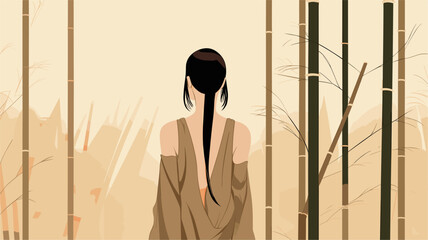 Minimalist scene of a Chinese woman in a bamboo forest  reflecting the natural grace and strength often associated with Chinese cultural symbolism. simple minimalist illustration creative
