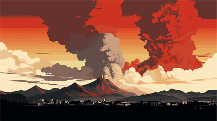 Minimalist scene with silhouettes of nearby structures against erupting volcanic ash clouds  symbolizing the threat and vulnerability of communities near active volcanoes. simple minimalist