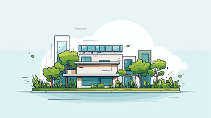 Digital graphic featuring an eco-friendly building with rooftop gardens and solar panels  showcasing the innovative and environmentally conscious aspects of green architecture. simple minimalist - obrazy, fototapety, plakaty