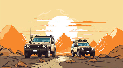 Off-road adventure illustration featuring rugged SUVs traversing diverse terrains  embodying the spirit of exploration and outdoor lifestyle. simple minimalist illustration creative