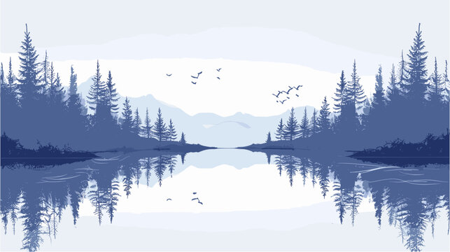 Peaceful riverside forest scene with a mirrored reflection in the water  symbolizing introspection and inner peace. simple minimalist illustration creative