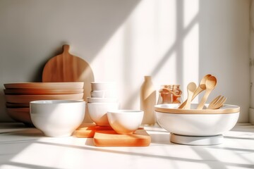 Fototapeta na wymiar Stylish kitchen furniture from ceramic bowls, plates and cups with shadow shapes from the reflection of light from the window