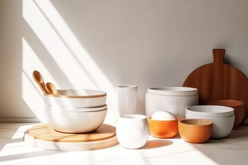 Stylish kitchen furniture from ceramic bowls, plates and cups with shadow shapes from the reflection of light from the window