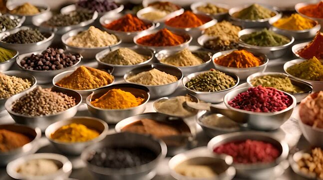 A diverse array of vibrant herbs and spices used to enhance culinary flavors