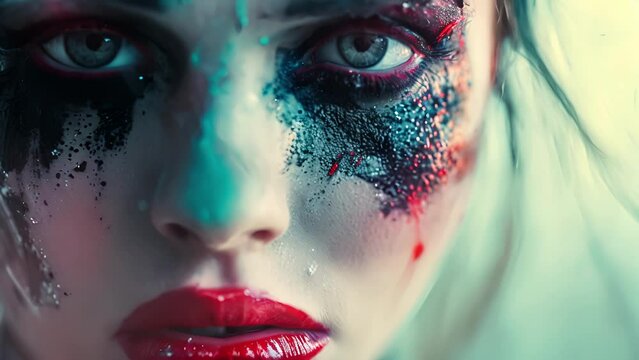 A closeup of a woman with exaggerated makeup and a expression embodying a histrionic personality disorder, Close-Up of a female With Makeup On