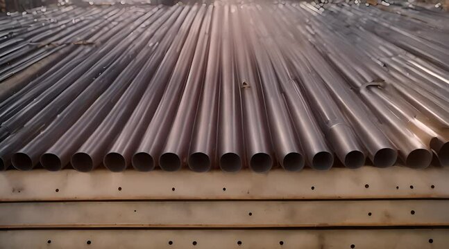 A meticulous arrangement of steel round bars stored and stacked in an industrial warehouse, ready for construction purposes