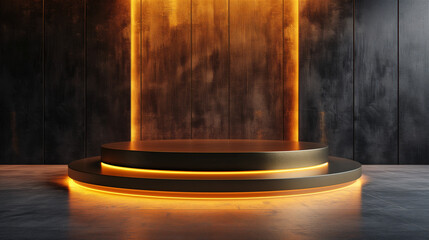 Naklejka premium An empty golden-black podium background with a pedestal stage, a luxurious podium for product presentation. Abstract rock background with neon lighting