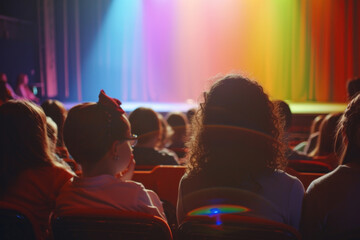 Fototapeta na wymiar Audience Enjoying a Live Performance Under Rainbow Stage Lights