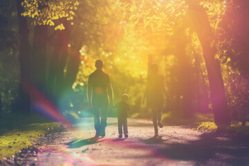 Family and Dog Walking on a Sunlit Path in the Forest Creating a Dreamlike Atmosphere