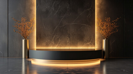 An empty golden-black podium background with a pedestal stage, a luxurious podium for product presentation. Abstract rock background with neon lighting