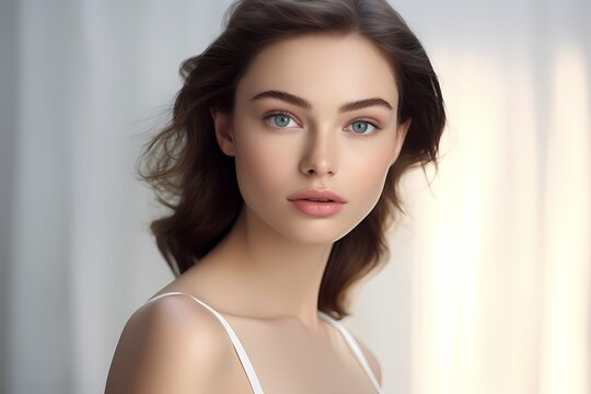 Radiant beauty in HD, a girl in sleeveless white, adorned with subtle makeup, providing the perfect canvas for promoting skincare and beauty products