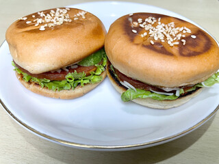 Toast with vegetable filling on white plate. flat lay, top view. Sandwich with vegetables. toast concept