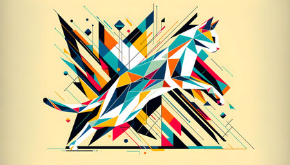 The geometric abstract background featuring the silhouette of a cat has been created, showcasing the elegance and agility of the cat within a modern and visually striking geometric composition