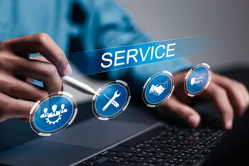 Business service online digital technology concept. Businessman use laptop with virtual service...