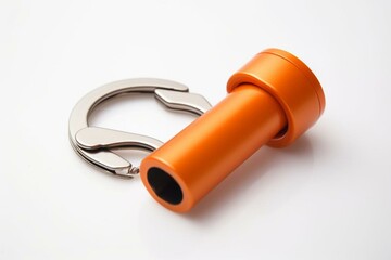 Orange steel bottle opener keychain on white background. Generative AI
