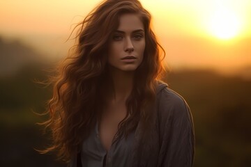 A model radiates natural beauty in simple attire, captured in the soft glow of dawn, showcasing the magic of early morning light.