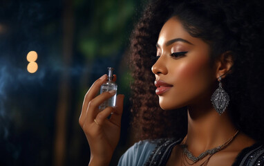 Portrait of an attractive black woman in grey dress with a beautiful bottle of perfume in her hand - obrazy, fototapety, plakaty