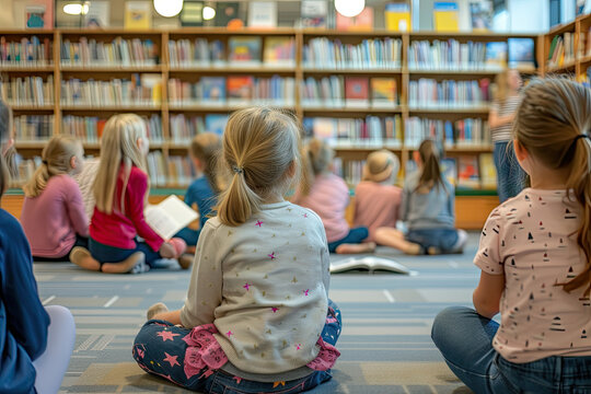 Children's Storytime Session in a Library with Kids Seated and Listening Attentively