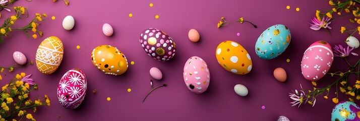Fototapeta na wymiar Brightly colored Easter eggs with decorations on a pink background, copyspace Easter theme banner - Generative ai
