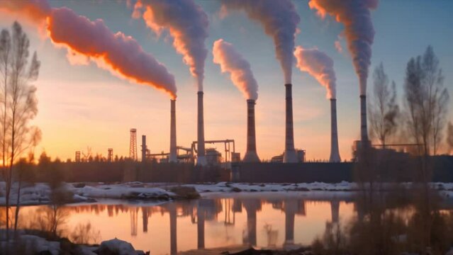 Industrial chimneys in the evening light, industry, global warming, toxic air.VDO 4K