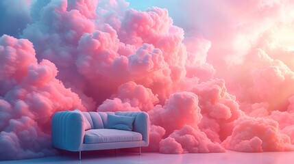 25. Pink magenta fantastic 3d clouds in the room interior, sky and landscape. Gentle colors and with bright lights.  - obrazy, fototapety, plakaty