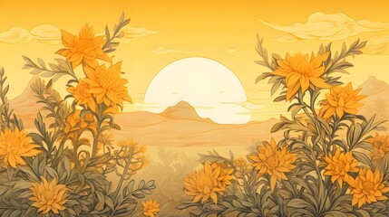 Fototapeta na wymiar Golden Floral Sunset Landscape Wallpaper Background