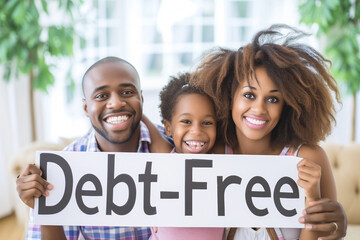 Happy Family Celebrating Financial Freedom with a 'Debt-Free' Sign - obrazy, fototapety, plakaty
