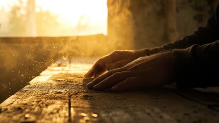 hands resting on a rough surface wooden table in the dust sunlight through window
