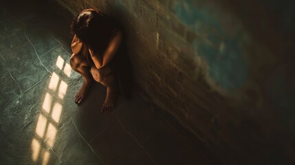 depression woman in a corner of room sunlight through window bars.