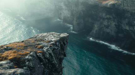 cliff edge with deep blue ocean with waves Standing empty on top of a mountain view