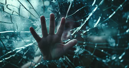 Fotobehang mental breakdown man breaking glass  window by hand struggle to break free © พงศ์พล วันดี