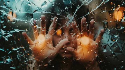 Fotobehang mental breakdown woman trying to escape breaking glass window by hand © พงศ์พล วันดี