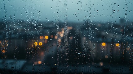 raindrops on a window, with blurred city lights in the background dark sky - obrazy, fototapety, plakaty
