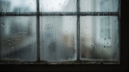 a rain soak window with raindrops gray sky and cityscape outside