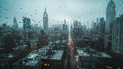 A rainy cityscape view from a wet window gray sky dark tone