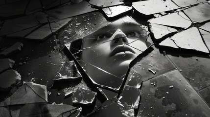 shattered mirror on the floor reflecting psycho man face mono tone