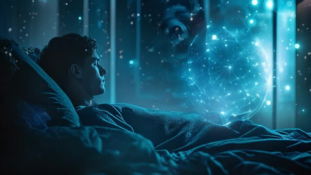 A hologram of a virtual sleep coach displaying a visualization of a peaceful and restful nights sleep while offering tips and techniques for improving sleep habits.