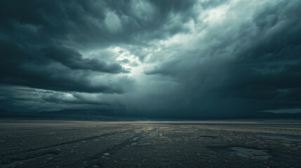 Heavy storm landscape with light rays and dark clound - obrazy, fototapety, plakaty