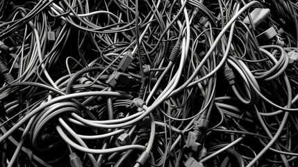 a maze of wires and cables in black and white tone unorganize cables