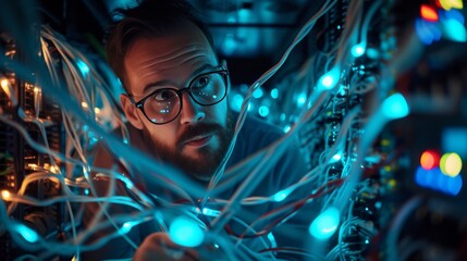 server maintenance IT technician troubleshooting under network cables and lights
