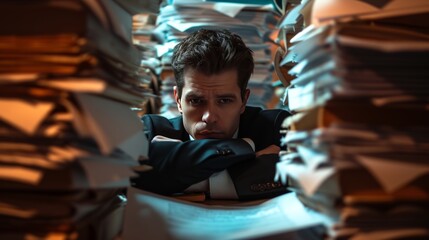 Work overload lawyer working late night with pressure and stacks of legal documents case files