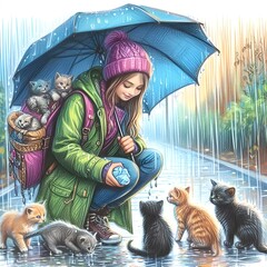 girl and cute cats seeks protection under an umbrella in the rain.girl with umbrella and beautiful cats.woman, beauty, fashion, vintage, black, face, model,.