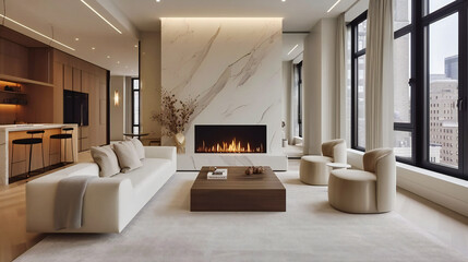 Luxurious Living Room with Modern Fireplace, Elegant Interior Design, Cozy and Stylish Home Decor, Contemporary Furniture Setting