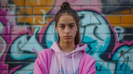 teenager woman pink hoodie standing in front of a graffiti wall