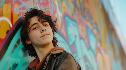 Fototapeta premium street art culture teenager man with a Freckled face tanding in front of a graffiti wall